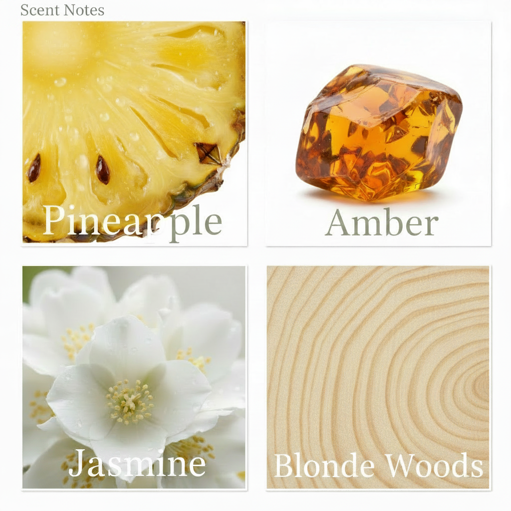 A 2x2 collage showing four color/material options labeled Pineapple, Amber, Jasmine, and Blonde Woods. The top-left tile shows a close-up of yellow pineapple flesh with the word Pineapple.